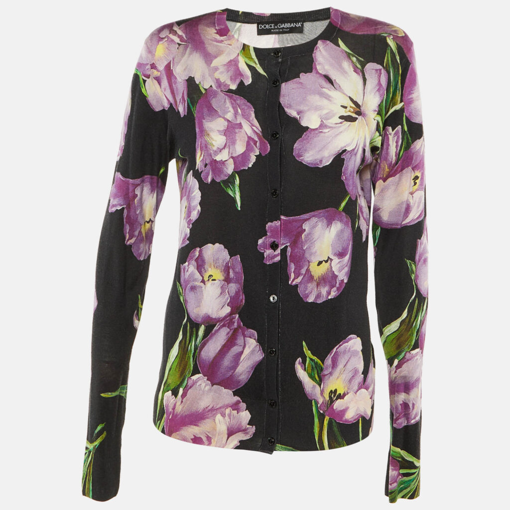 Dolce & Gabbana Black Floral Print Cashmere & Silk Cardigan L
