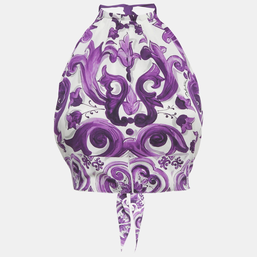 Dolce & Gabbana Purple Majolica Print Silk Halter Neck Top S Dolce & Gabbana Purple Majolica Print Silk Halter Neck Top S