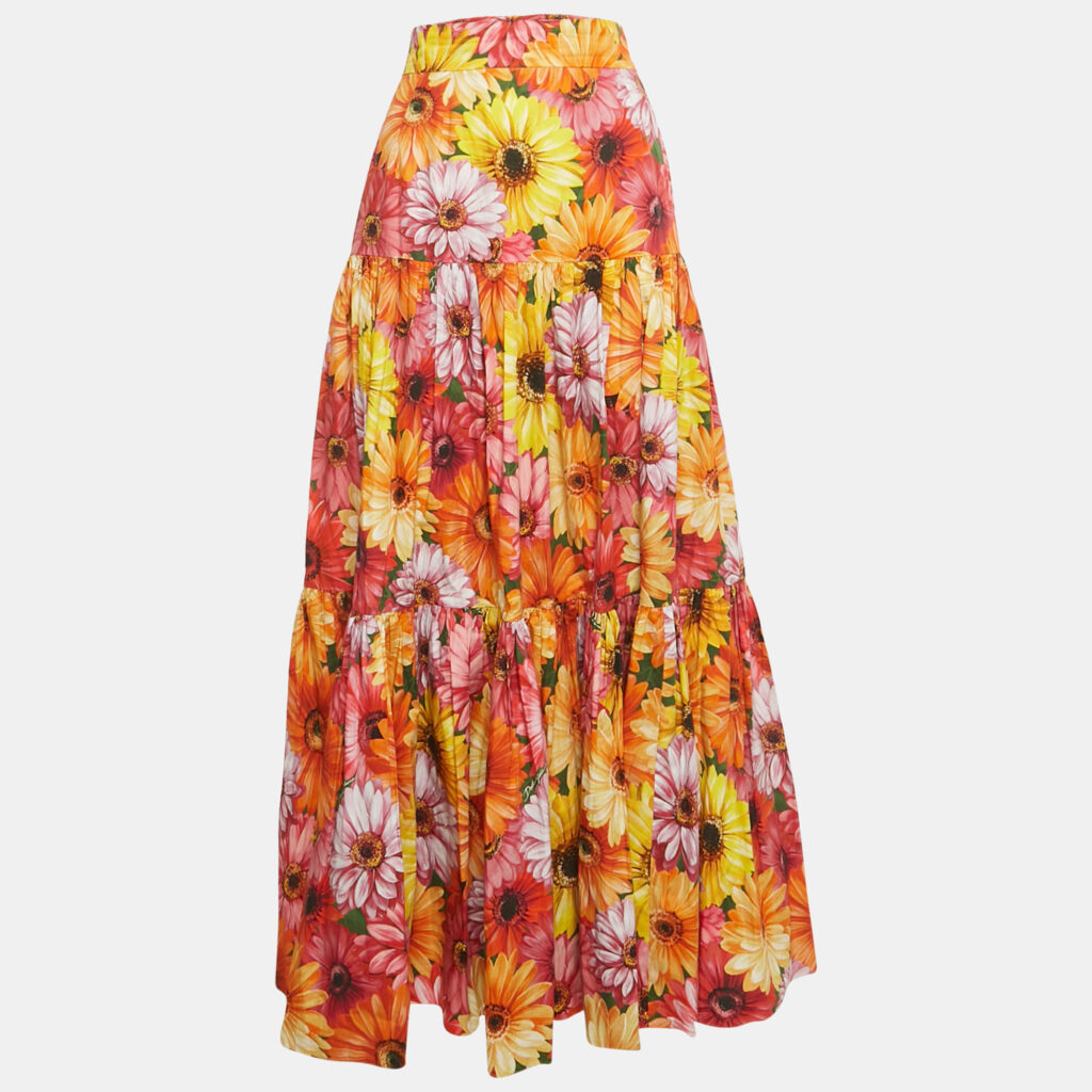 Dolce & Gabbana Orange Floral Print Poplin Tiered Maxi Skirt XL Dolce & Gabbana Orange Floral Print Poplin Tiered Maxi Skirt XL