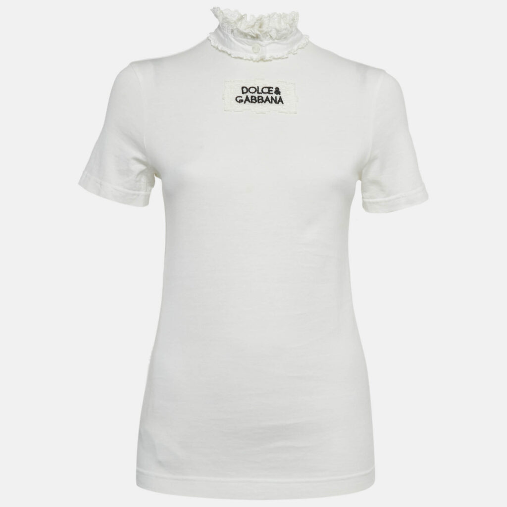 Dolce & Gabbana White Logo Embroidered Cotton Lace Detail T-Shirt S Dolce & Gabbana White Logo Embroidered Cotton Lace Detail T-Shirt S