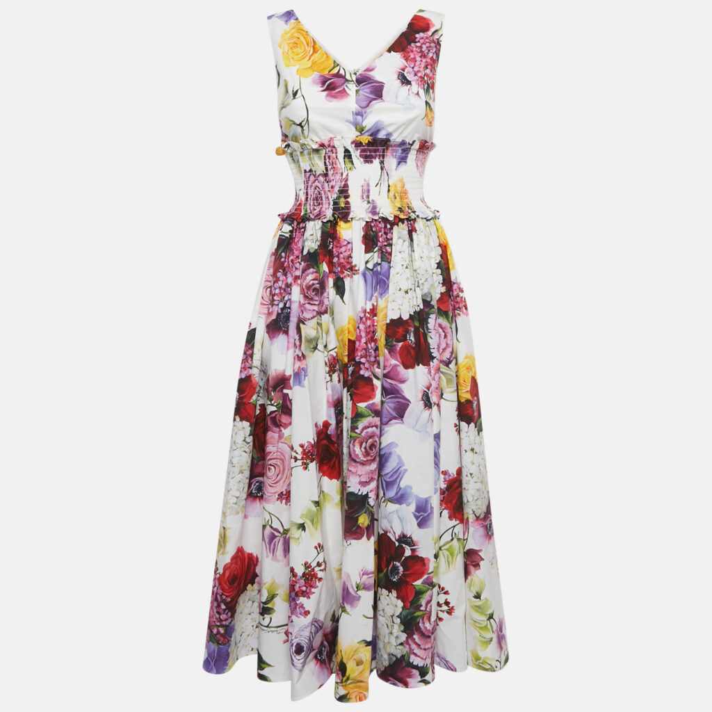 Dolce & Gabbana White Floral Print Poplin Shirring Midi Dress S Dolce & Gabbana White Floral Print Poplin Shirring Midi Dress S