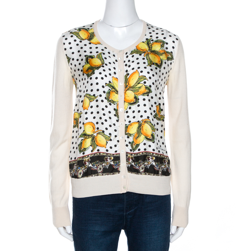 Dolce & Gabbana Cream Lemon Print Silk Wool Cardigan M Dolce & Gabbana Cream Lemon Print Silk Wool Cardigan M