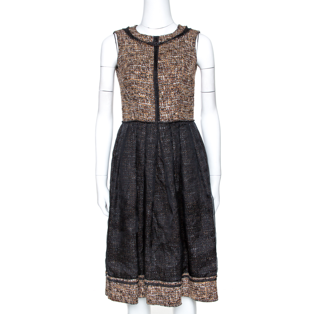 D&G Black and Brown Tweed Silk Overlay Flared Dress XS D&G Black and Brown Tweed Silk Overlay Flared Dress XS
