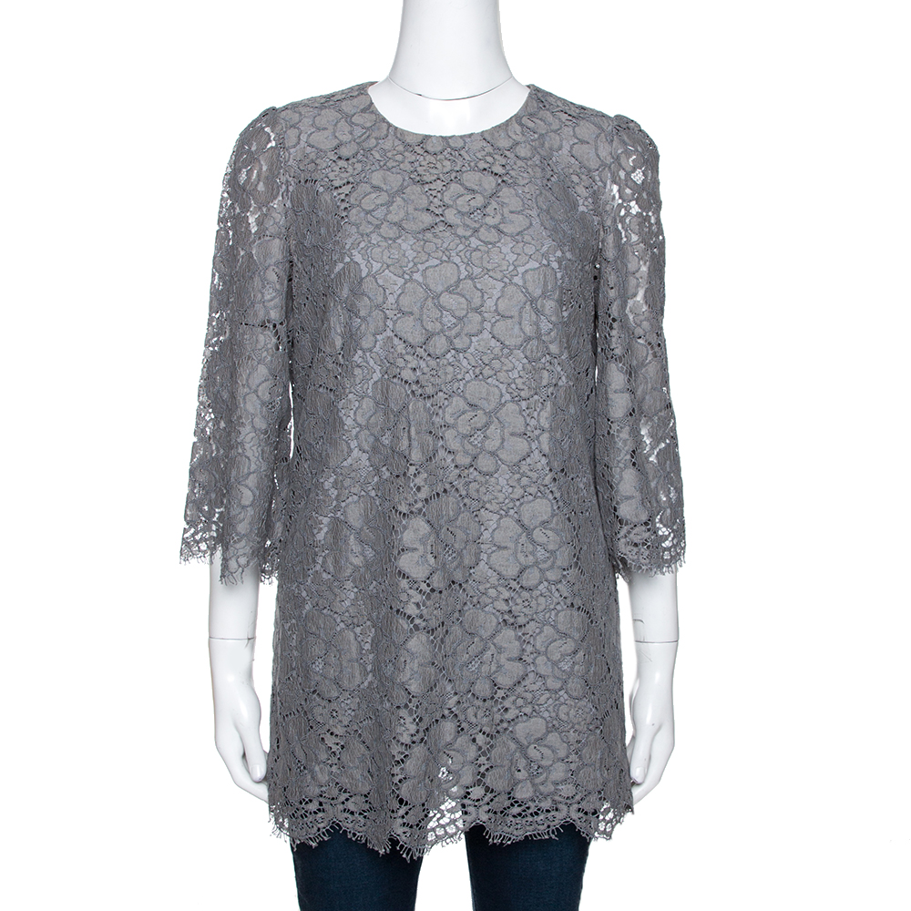 Dolce & Gabbana Grey Floral Corded Lace Three Quarter Sleeve Top M Dolce & Gabbana Grey Floral Corded Lace Three Quarter Sleeve Top M