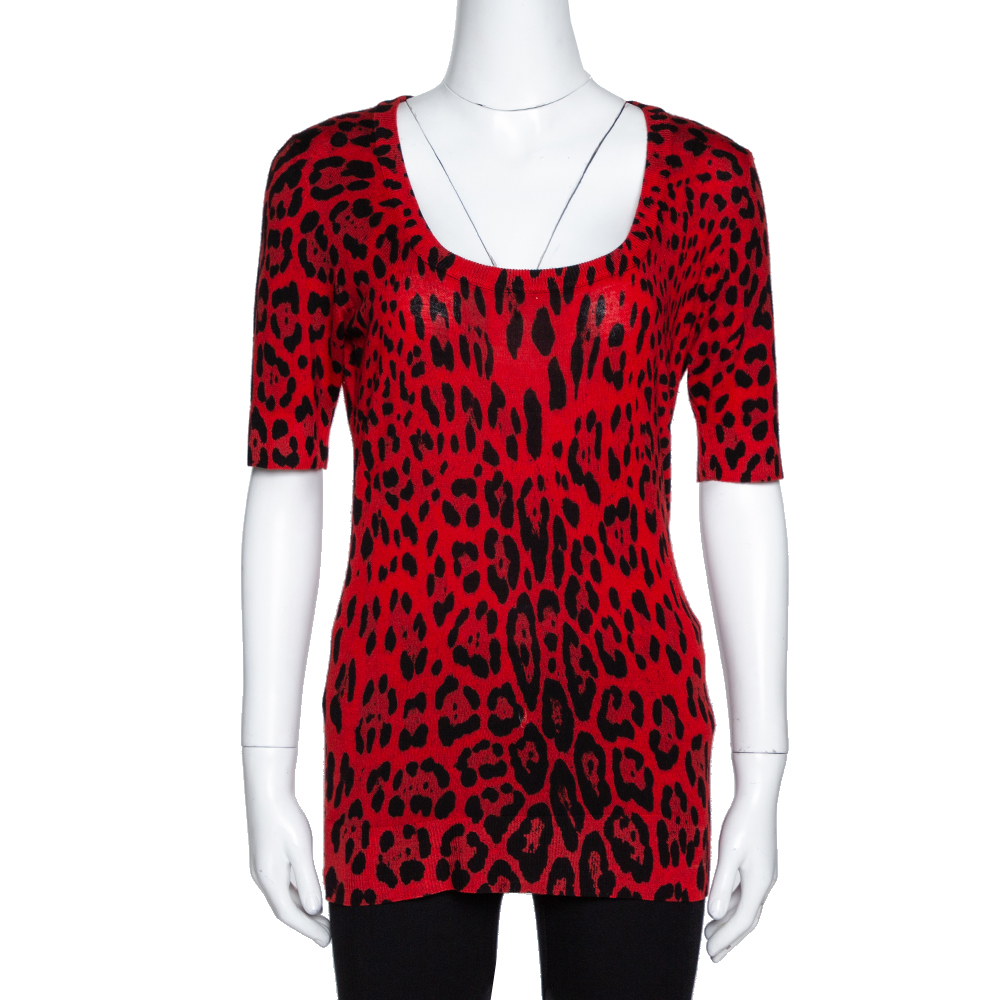 Dolce & Gabbana Red Leopard Pattern Wool Knit Jumper M Dolce & Gabbana Red Leopard Pattern Wool Knit Jumper M