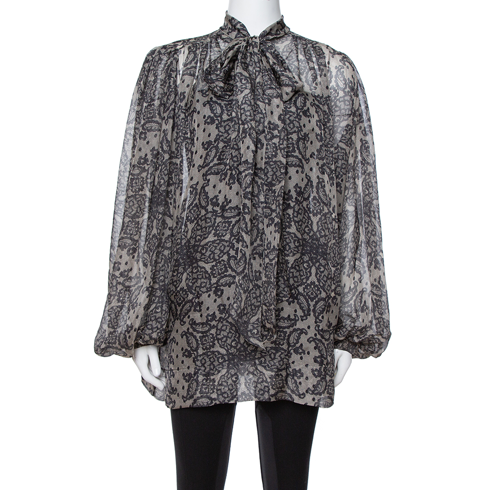 Dolce & Gabbana Grey Paisley Print Silk Bow Tie Blouse M Dolce & Gabbana Grey Paisley Print Silk Bow Tie Blouse M