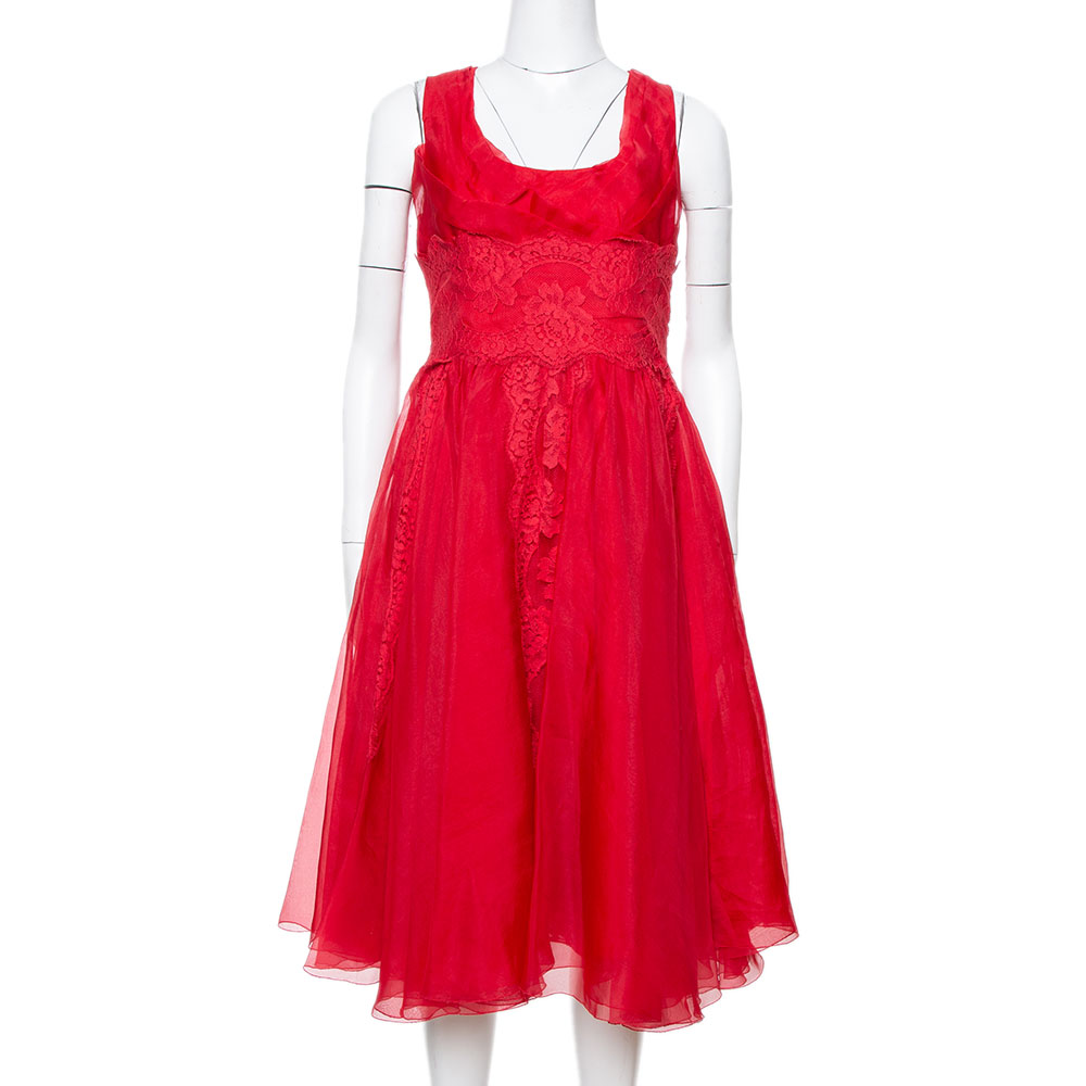 Dolce & Gabbana Red Silk Organza Lace Trim Flared Dress M Dolce & Gabbana Red Silk Organza Lace Trim Flared Dress M