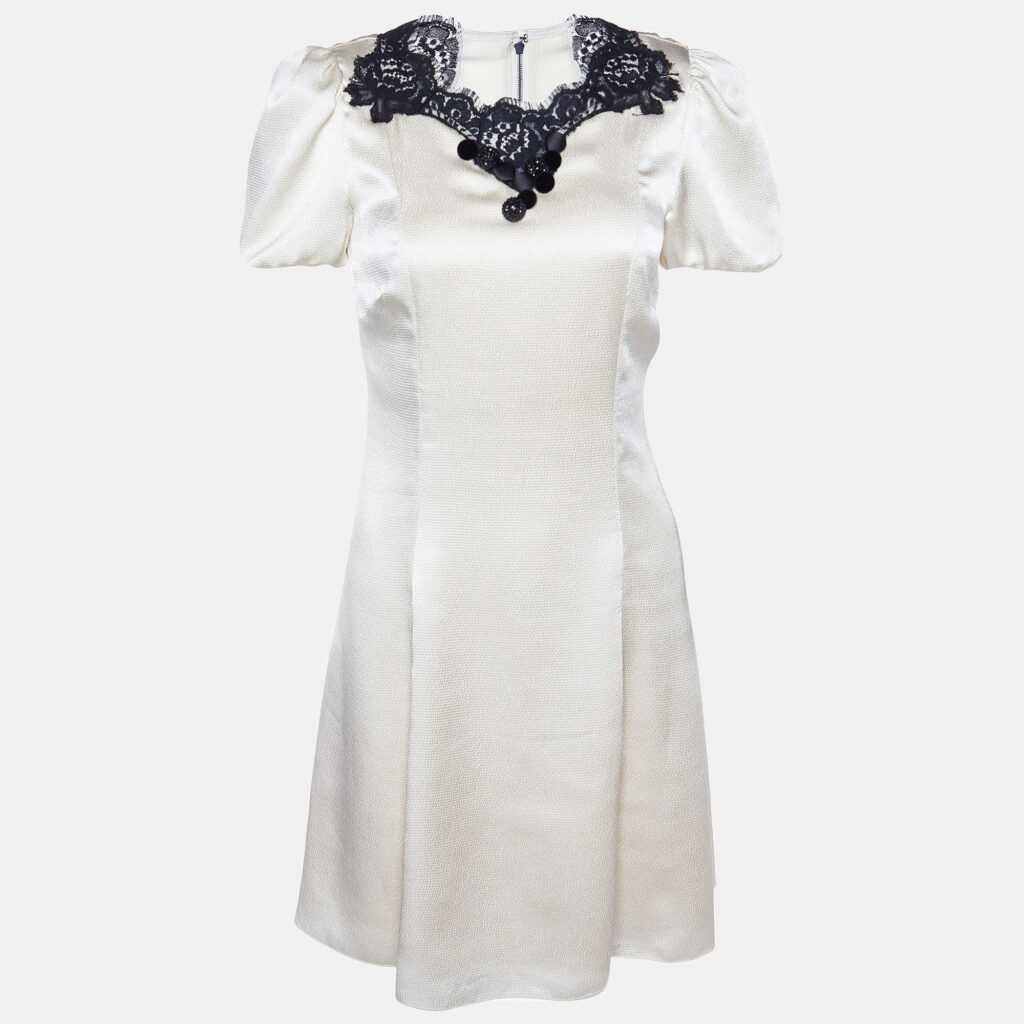 Dolce & Gabbana Cream Textured Satin Contrast Detail Min Dress S