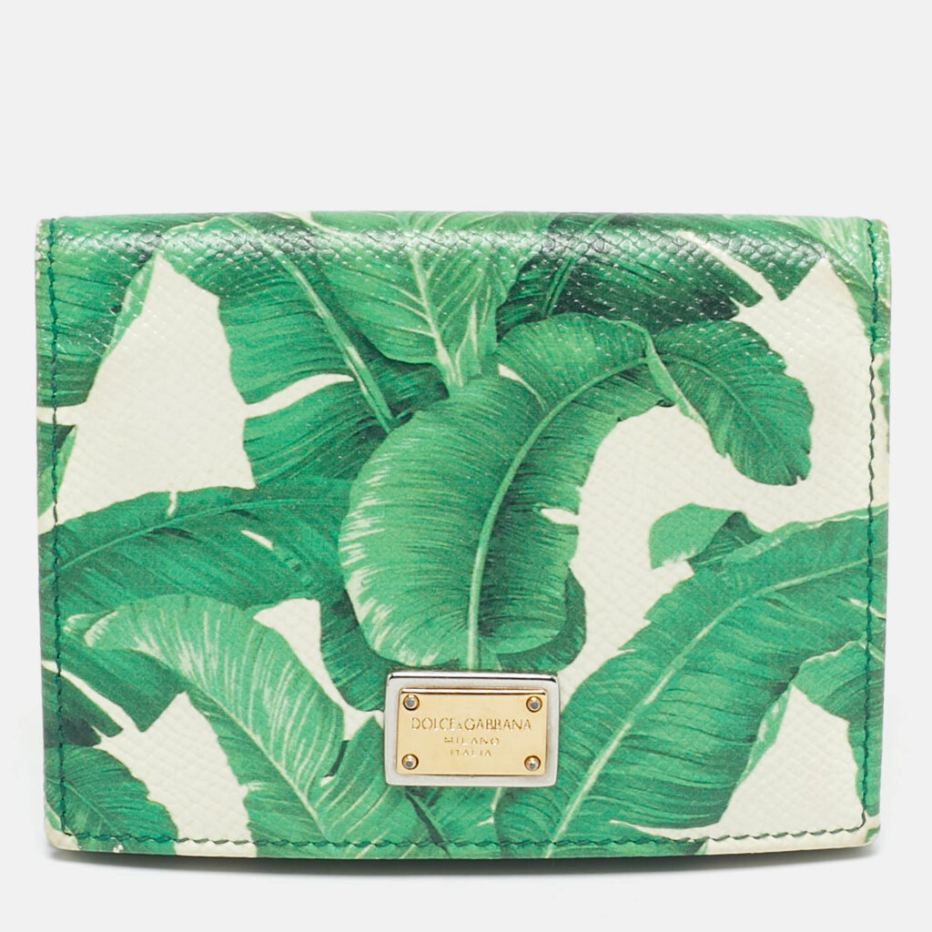 Dolce & Gabbana Green/White Leather Banana Leaf Printed Card Case Dolce & Gabbana Green/White Leather Banana Leaf Printed Card Case