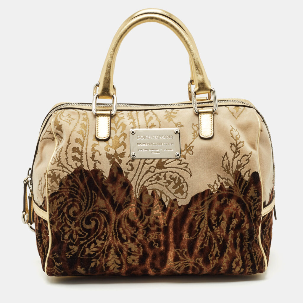 Dolce & Gabbana Ombre Gold/Brown Leather and Velvet Printed Satchel Dolce & Gabbana Ombre Gold/Brown Leather and Velvet Printed Satchel