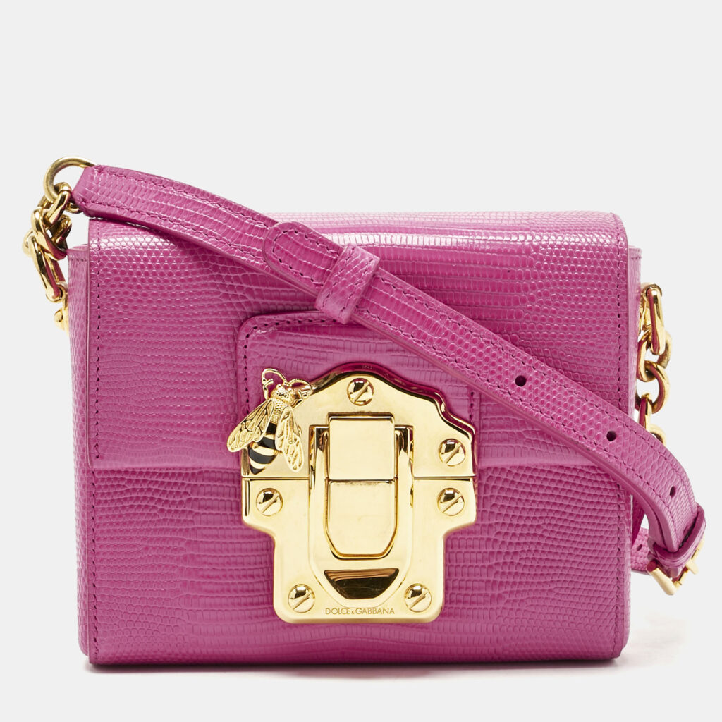Dolce & Gabbana Pink Lizard Embossed Leather Mini Lucia Crossbody Bag Dolce & Gabbana Pink Lizard Embossed Leather Mini Lucia Crossbody Bag