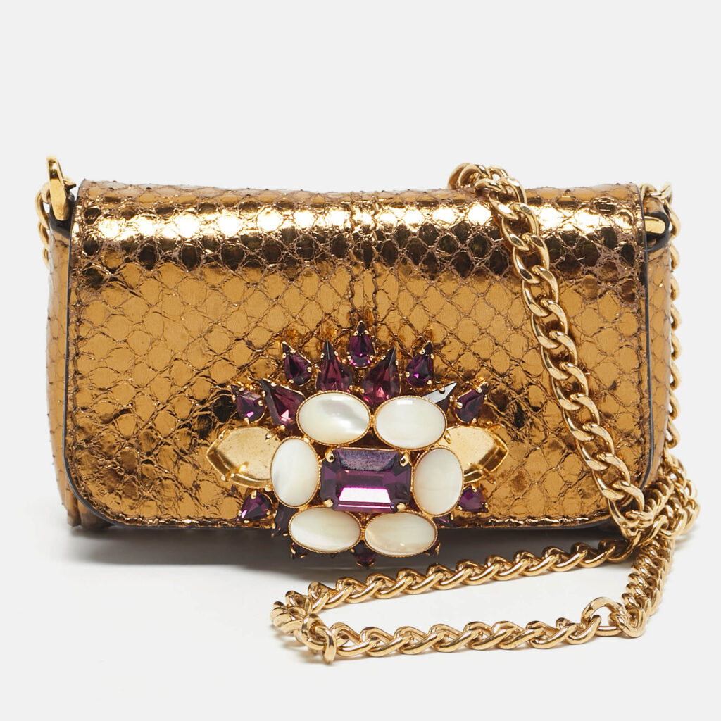 Dolce & Gabbana Gold Snakeskin Crystals Embellished Chain Pouch Dolce & Gabbana Gold Snakeskin Crystals Embellished Chain Pouch