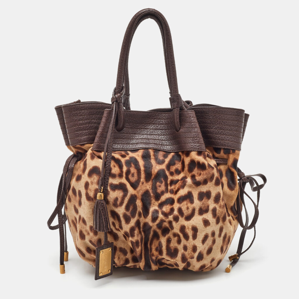 Dolce & Gabbana Brown Leopard Calf Hair and Leather Drawstring Hobo
