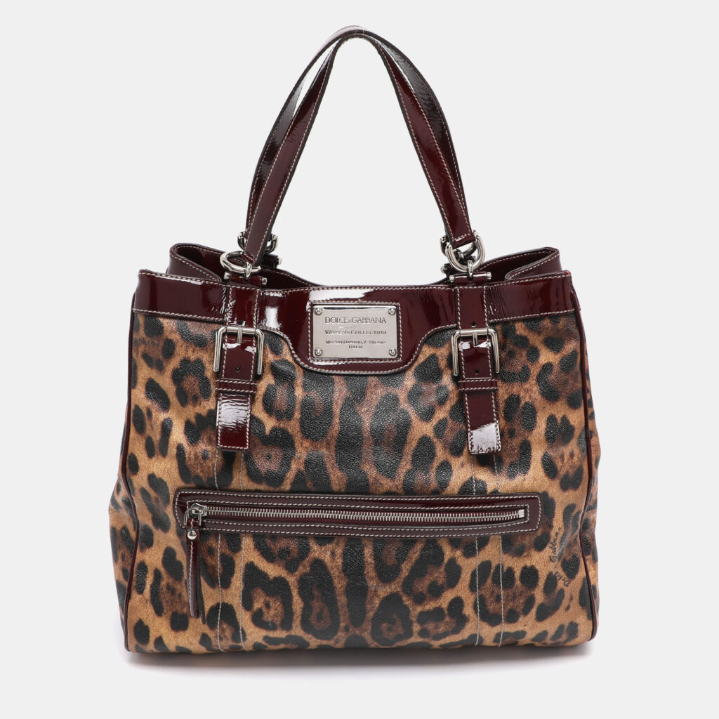 Dolce & Gabbana Brown/Burgundy Leopard Print Coated Canvas and Patent Leather Miss Easy Way Tote Dolce & Gabbana Brown/Burgundy Leopard Print Coated Canvas and Patent Leather Miss Easy Way Tote