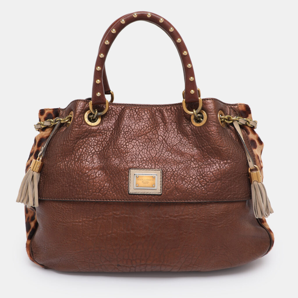 Dolce & Gabbana Brown/Beige Calf Hair and Leather Drawstring Tassel Satchel Dolce & Gabbana Brown/Beige Calf Hair and Leather Drawstring Tassel Satchel