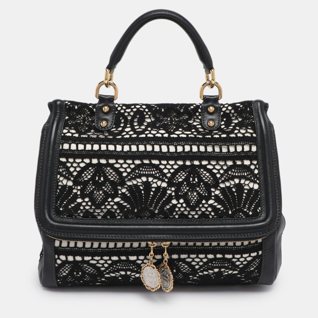 Dolce & Gabbana Black/White Lace and Leather Large Miss Sicily Top Handle Bag Dolce & Gabbana Black/White Lace and Leather Large Miss Sicily Top Handle Bag