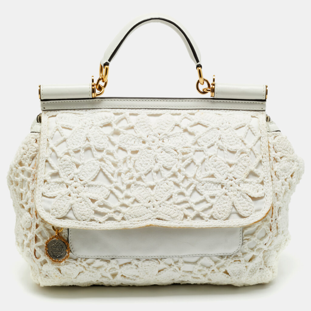 Dolce & Gabbana White Crochet Fabric Large Miss Sicily Top Handle Bag