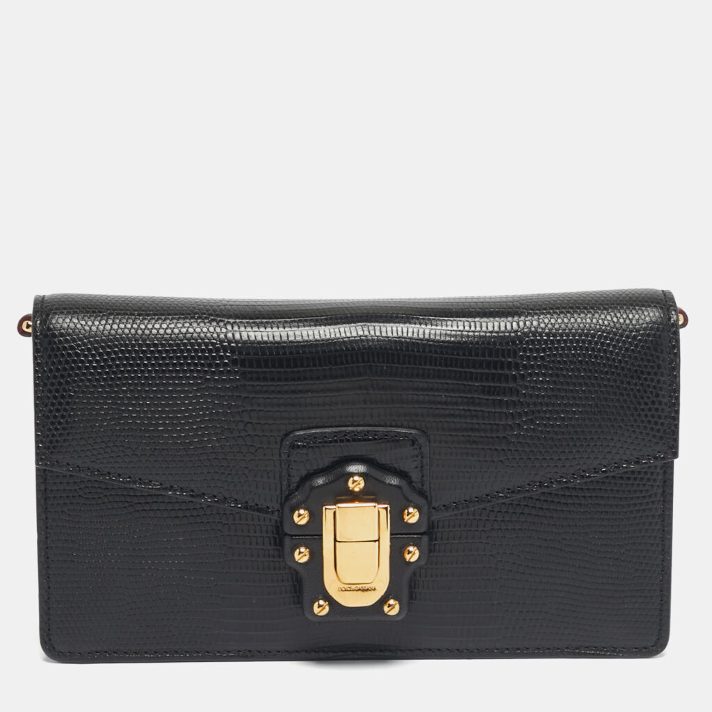 Dolce & Gabbana Black Lizard Embossed Leather Lucia Wallet On Chain Dolce & Gabbana Black Lizard Embossed Leather Lucia Wallet On Chain