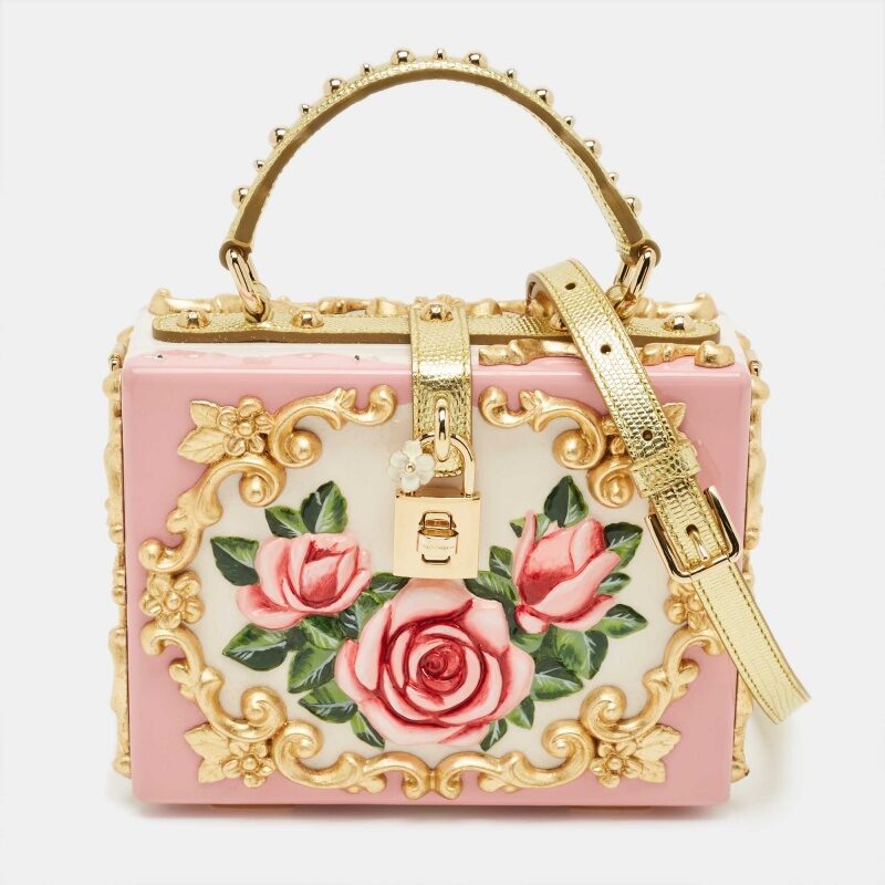 Dolce & Gabbana Pink/Gold Roses Baroque Acrylic Dolce Box Top Handle Bag