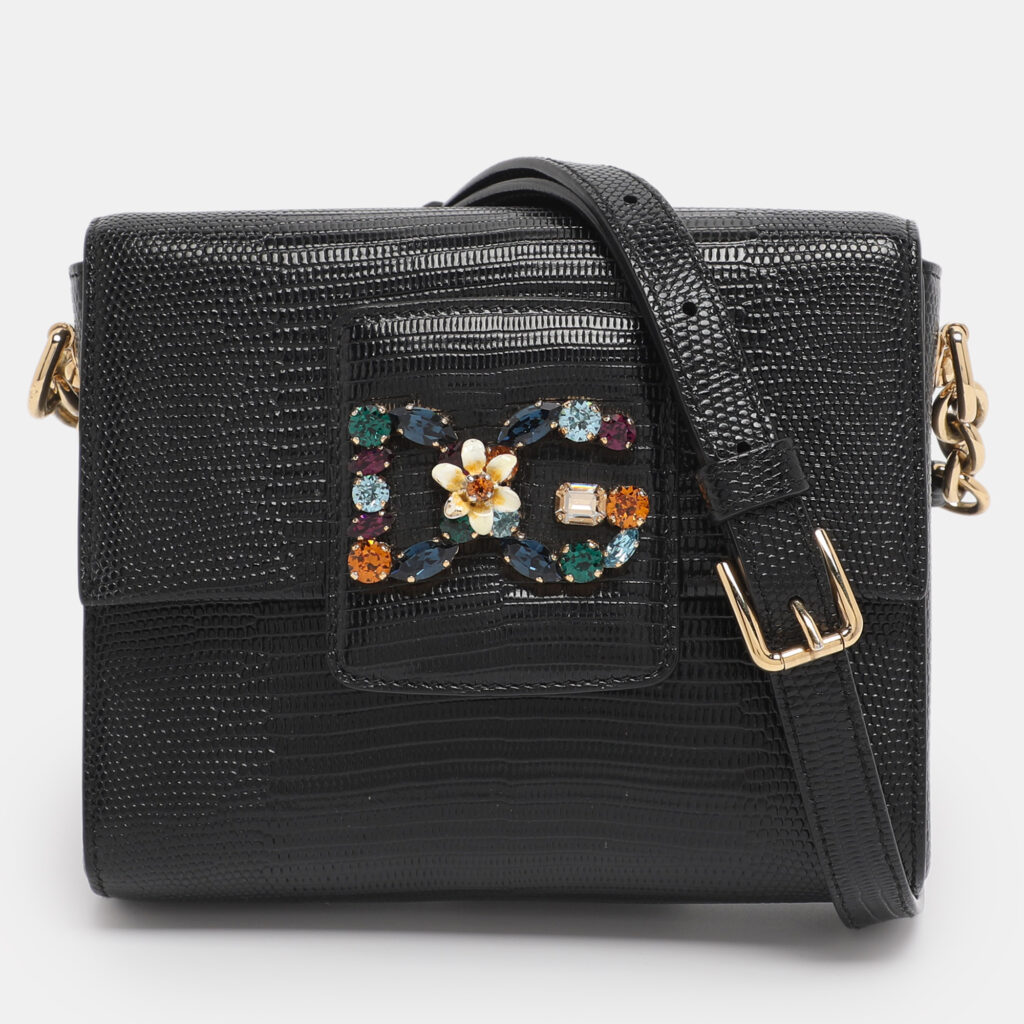 Dolce & Gabbana Black Lizard Embossed Leather DG Millennials Shoulder Bag Dolce & Gabbana Black Lizard Embossed Leather DG Millennials Shoulder Bag
