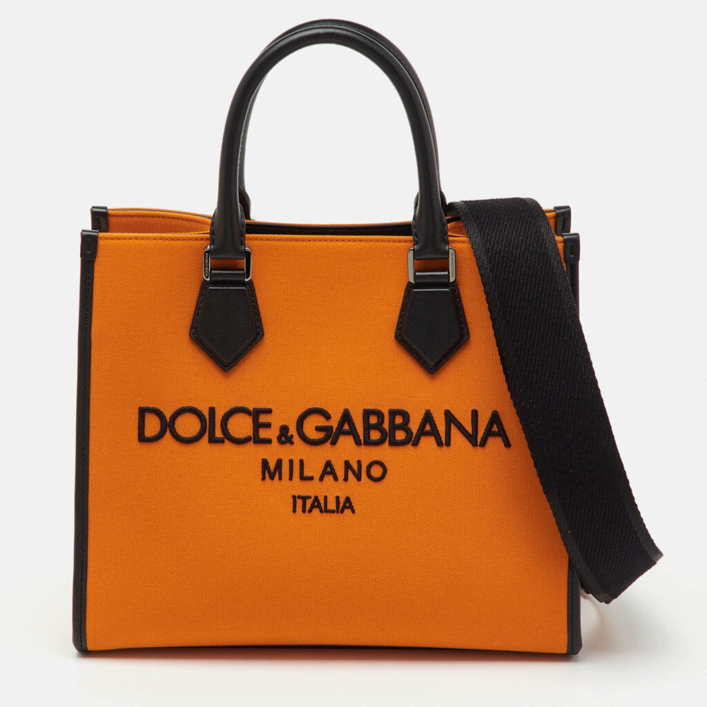 Dolce & Gabbana Orange/Black Canvas and Leather Embroidered Logo Shopper Tote Dolce & Gabbana Orange/Black Canvas and Leather Embroidered Logo Shopper Tote