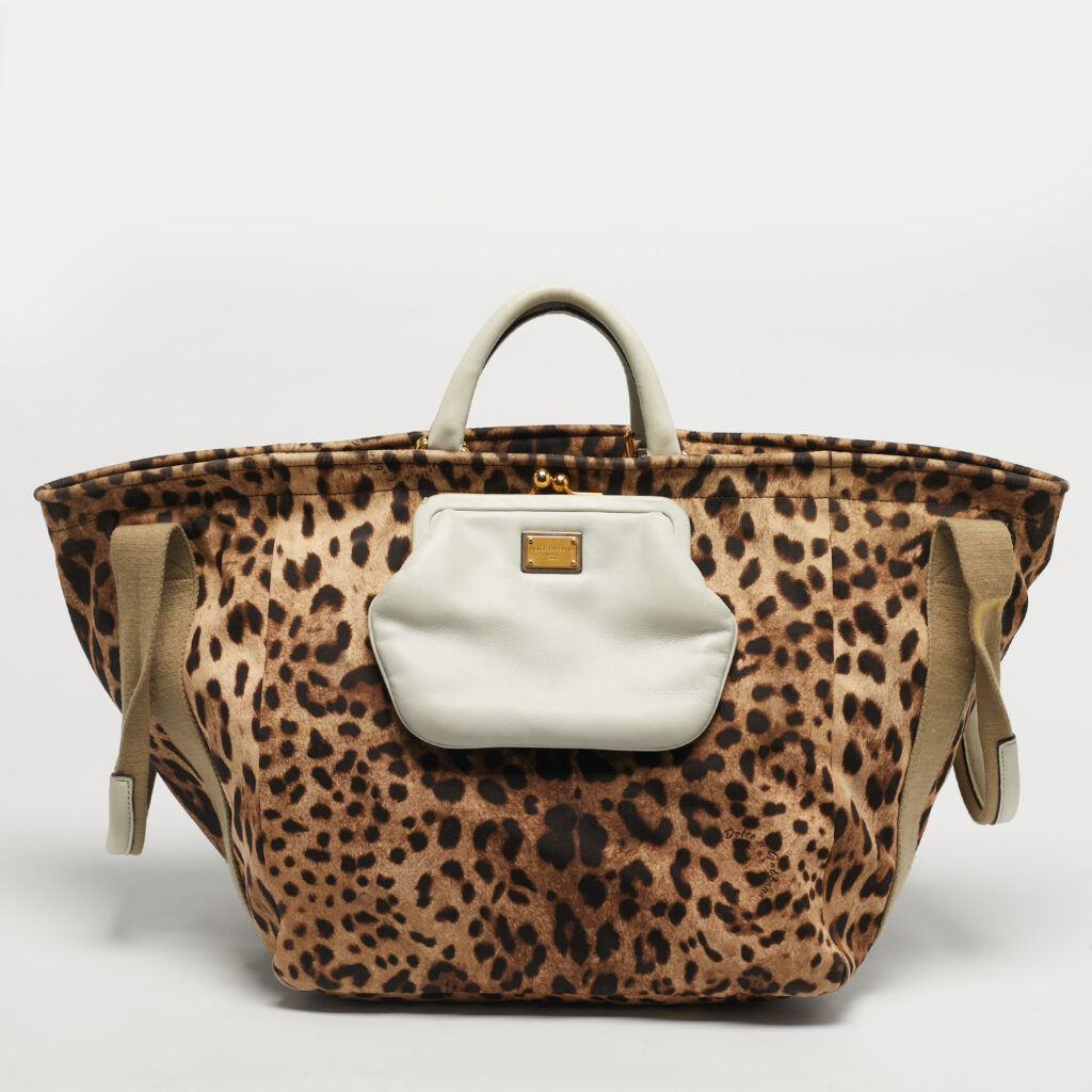 Dolce & Gabbana Brown/Black Leopard Print Fabric and Leather Front Pouch Tote Dolce & Gabbana Brown/Black Leopard Print Fabric and Leather Front Pouch Tote