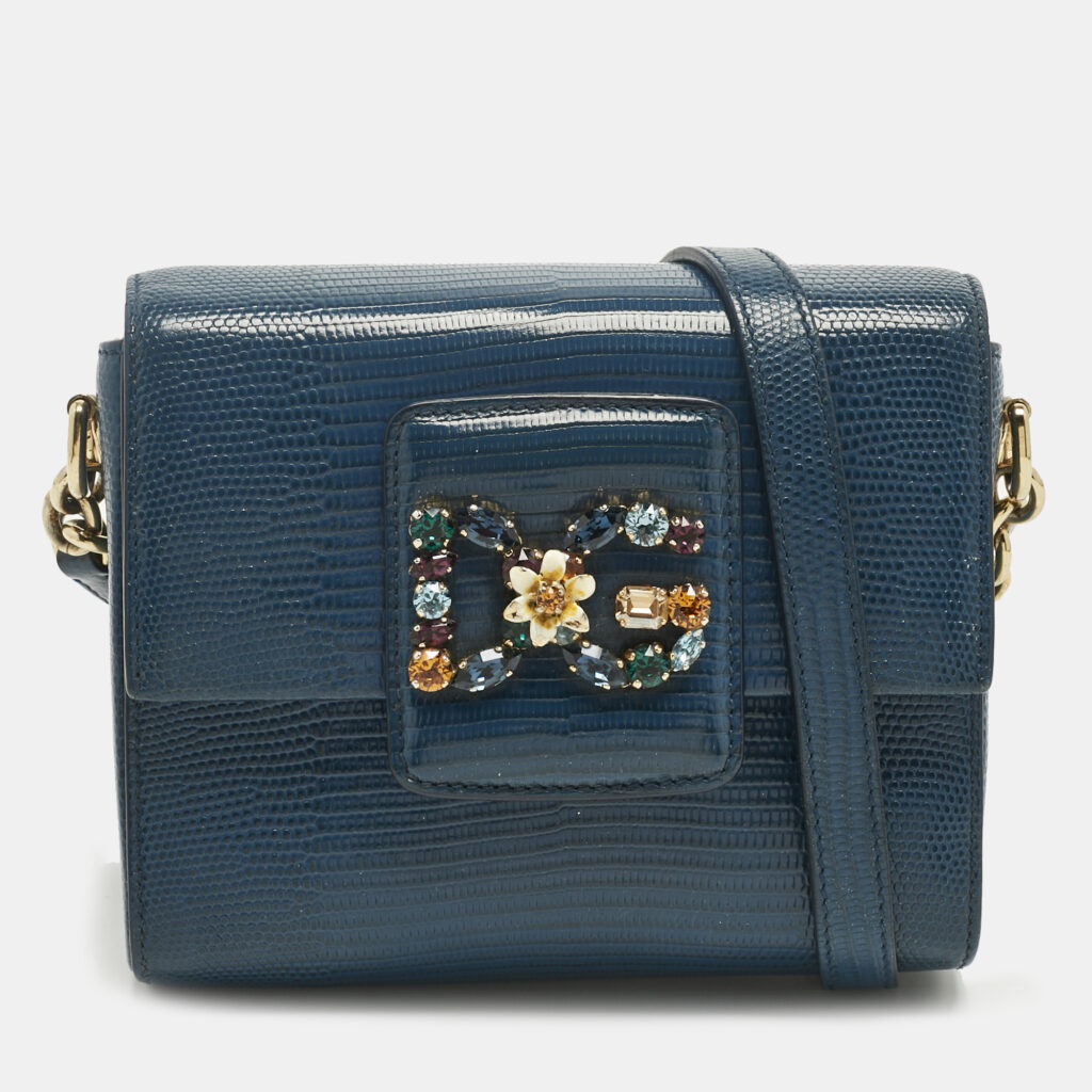 Dolce & Gabbana Blue Lizard Embossed Leather Small DG Millennials Shoulder Bag Dolce & Gabbana Blue Lizard Embossed Leather Small DG Millennials Shoulder Bag