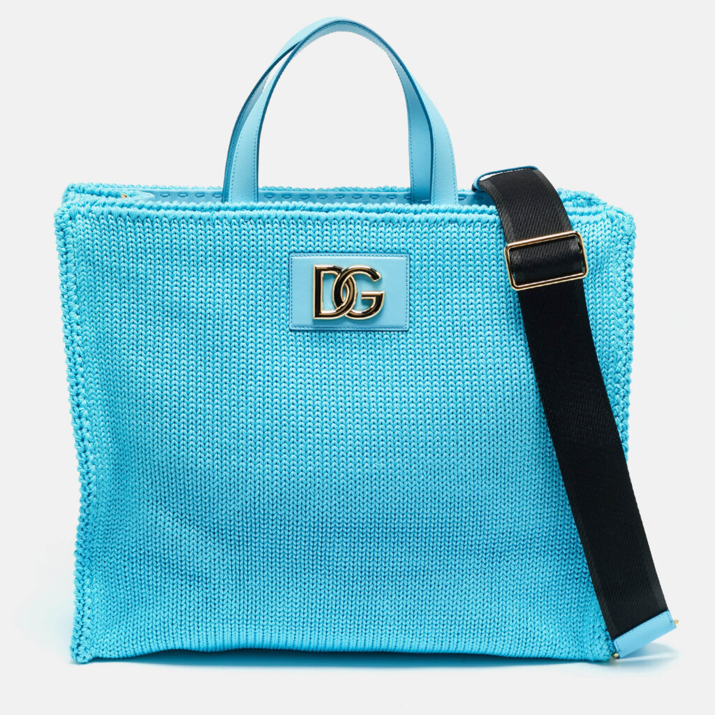 Dolce & Gabbana Light Blue Knitted Crochet DG Logo Tote