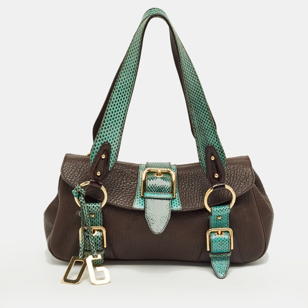 Dolce & Gabbana Brown/Green Leather and Ayers Buckle Flap Satchel Dolce & Gabbana Brown/Green Leather and Ayers Buckle Flap Satchel