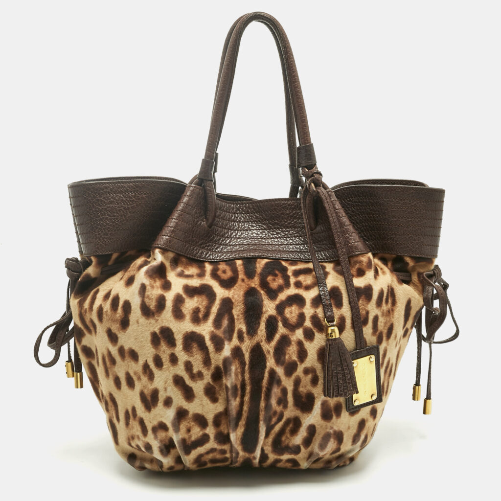 Dolce & Gabbana Brown Leopard Calfhair and Leather Drawstring Hobo Dolce & Gabbana Brown Leopard Calfhair and Leather Drawstring Hobo
