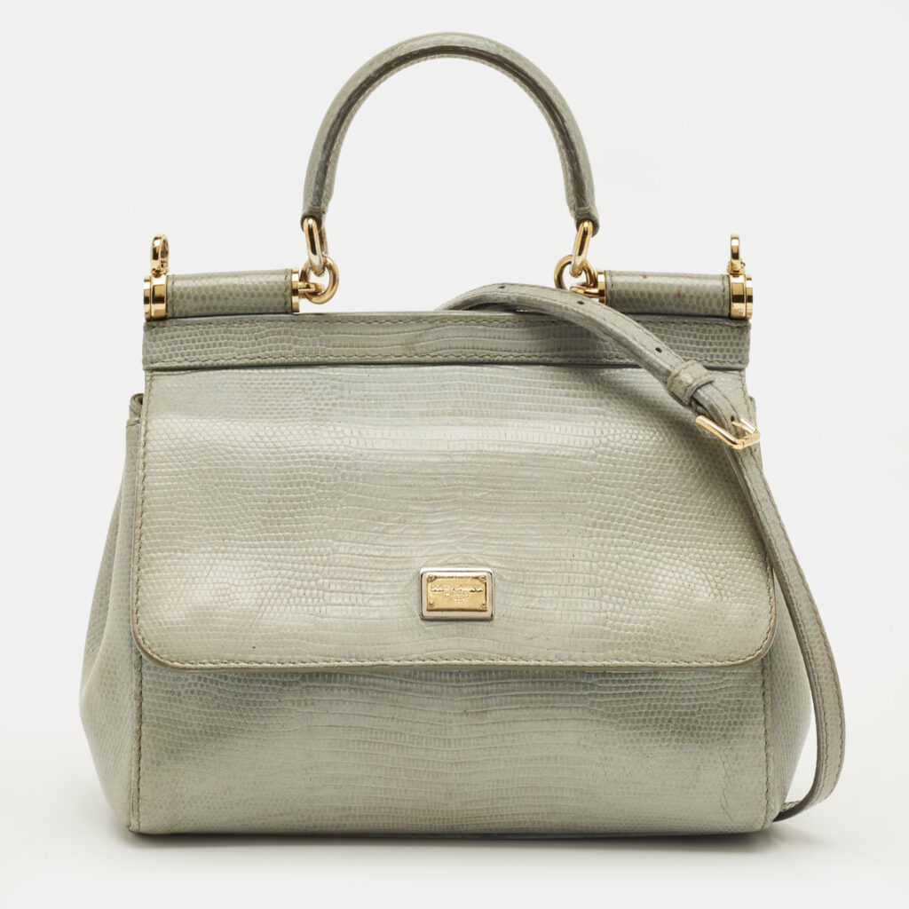 Dolce & Gabbana Grey Lizard Embossed Leather Small Miss Sicily Top Handle Bag Dolce & Gabbana Grey Lizard Embossed Leather Small Miss Sicily Top Handle Bag