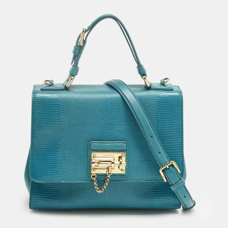 Dolce & Gabbana Turquoise Lizard Embossed Leather Medium Miss Monica Top Handle Bag Dolce & Gabbana Turquoise Lizard Embossed Leather Medium Miss Monica Top Handle Bag