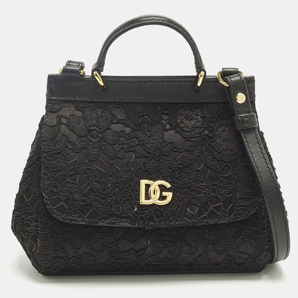 Dolce & Gabbana Miss Sicily Micro Black Lace and Leather Top Handle Bag