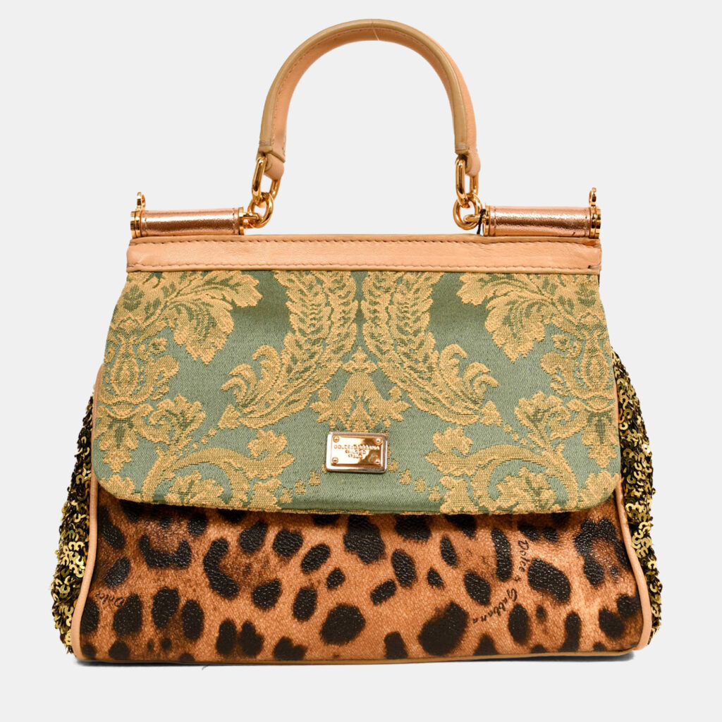 Dolce & Gabbana Brown/Green Leopard Sequin Sicily Top Handle with Strap