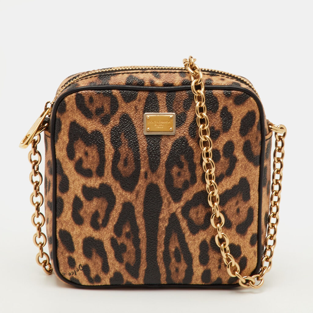 Dolce & Gabbana Brown/Beige Leopard Print Coated Canvas Chain Bag Dolce & Gabbana Brown/Beige Leopard Print Coated Canvas Chain Bag