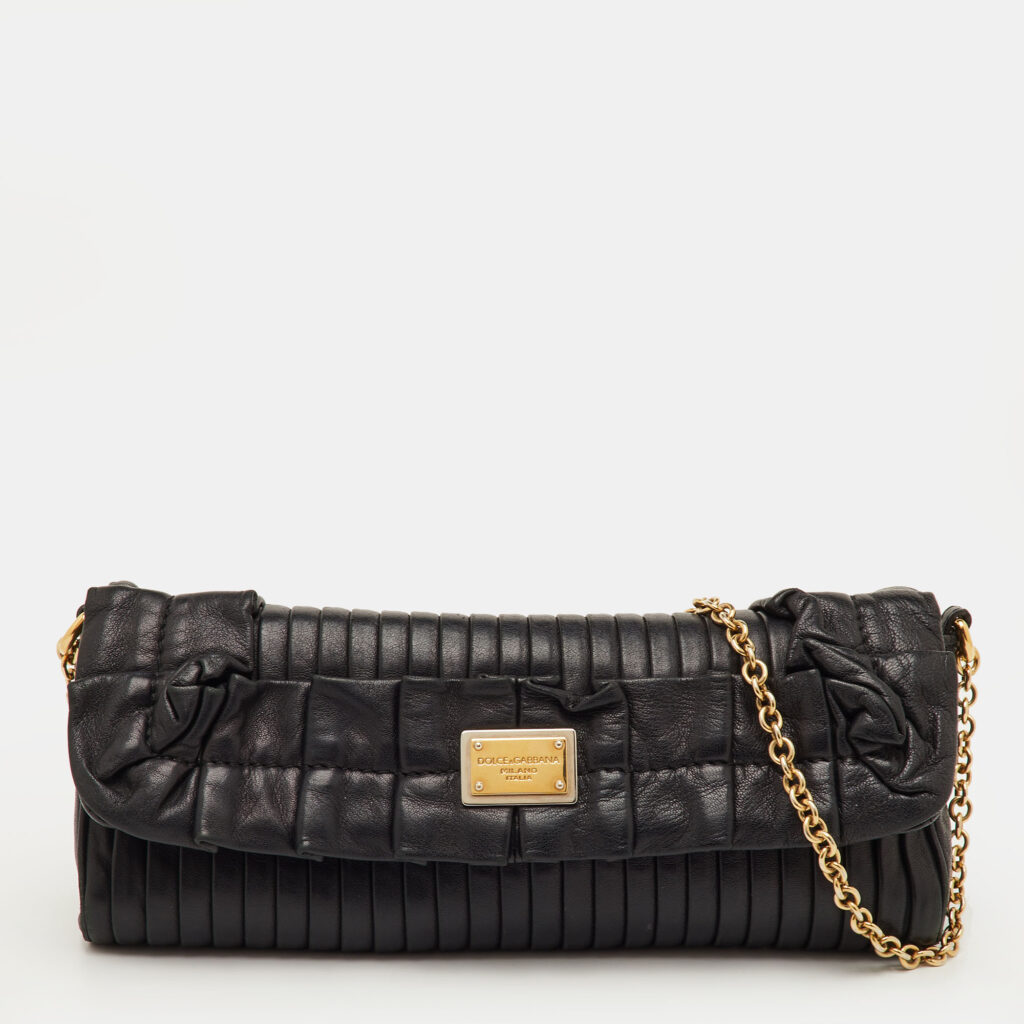 Dolce & Gabbana Black Pleated Leather Chain Clutch