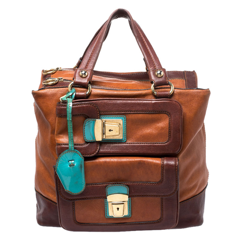 Dolce & Gabbana Brown/Turquoise Leather Push Lock Satchel Dolce & Gabbana Brown/Turquoise Leather Push Lock Satchel