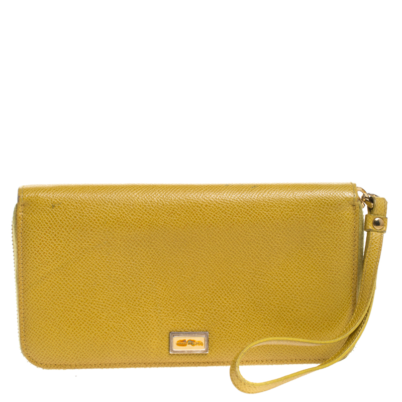 Dolce & Gabbana Paglia Yellow Leather Strappy Zip Around Wallet Dolce & Gabbana Paglia Yellow Leather Strappy Zip Around Wallet