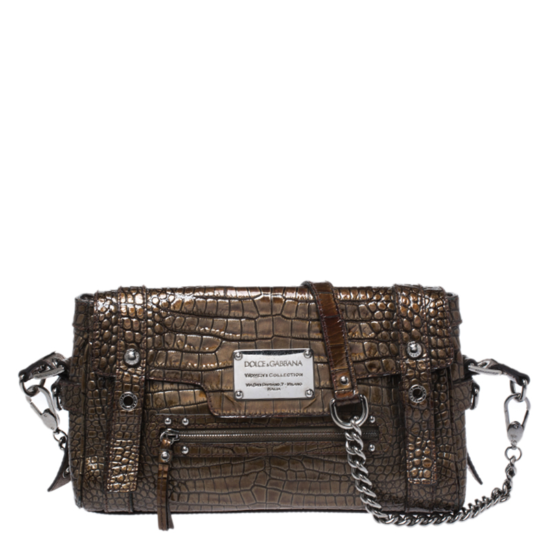 Dolce & Gabbana Brown Croc Embossed Patent Leather Miss Easy Way Shoulder Bag Dolce & Gabbana Brown Croc Embossed Patent Leather Miss Easy Way Shoulder Bag