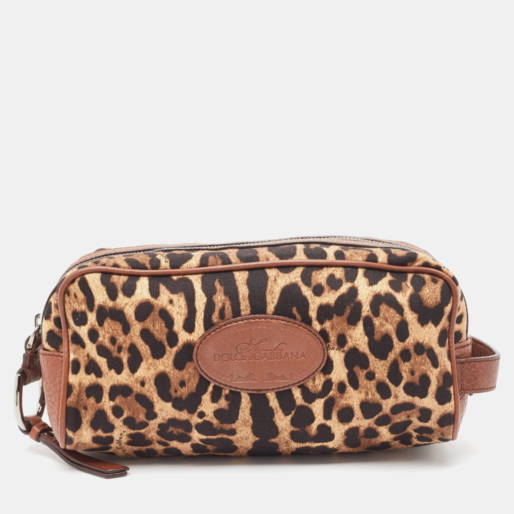 Dolce & Gabbana Brown Leopard Print Fabric and Leather Cosmetic Pouch Dolce & Gabbana Brown Leopard Print Fabric and Leather Cosmetic Pouch