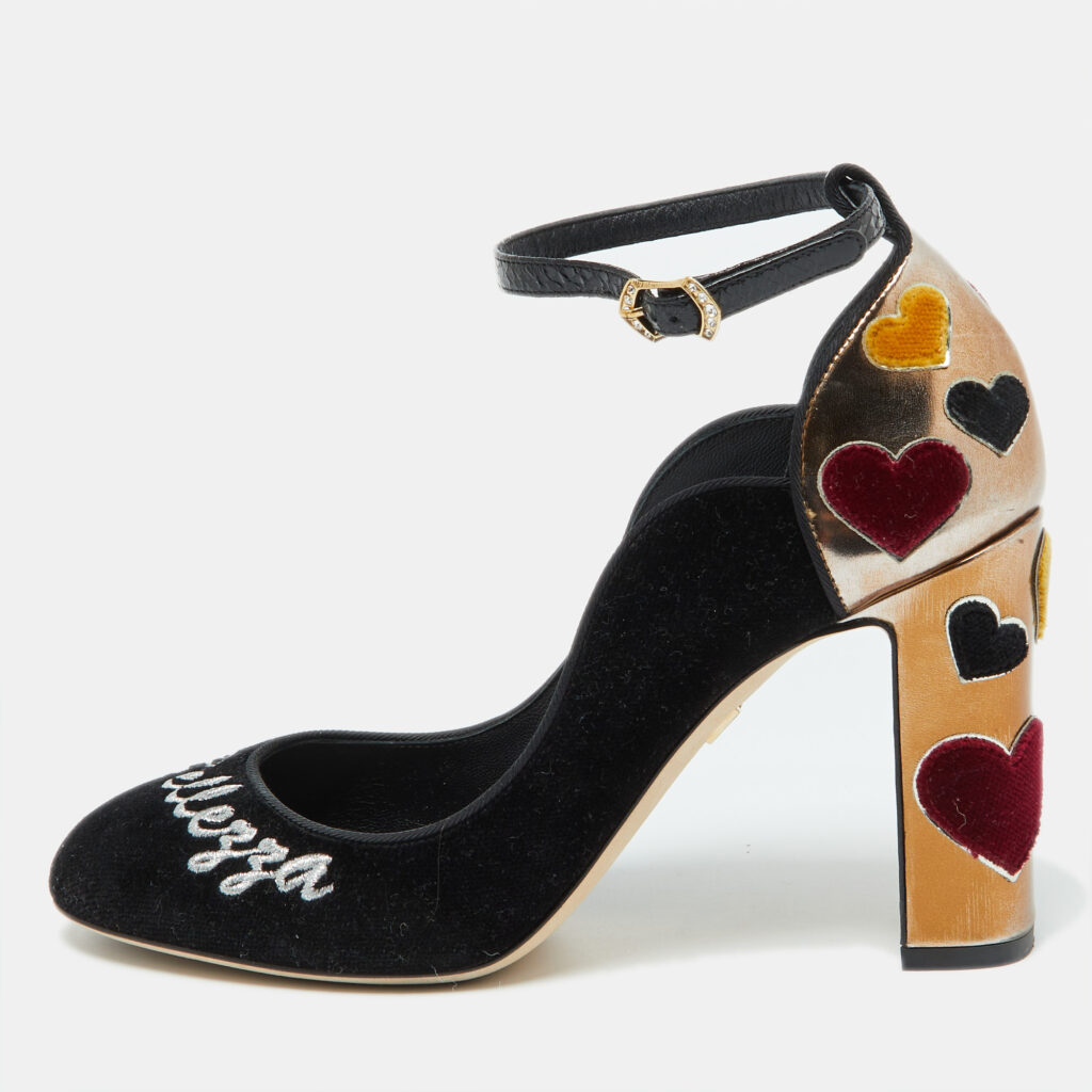 Dolce & Gabbana Black/Gold Velvet and Leather L' Amore Block Heel Pumps Size 39