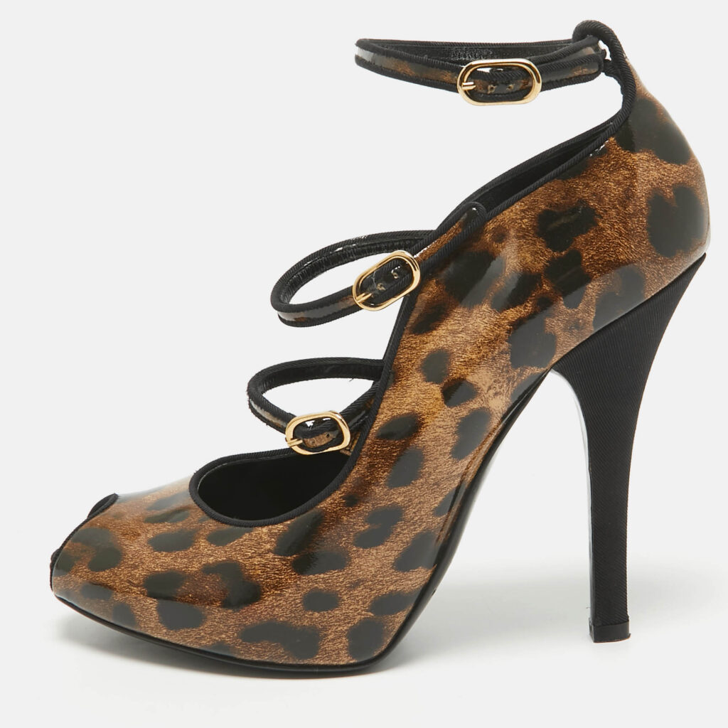 Dolce & Gabbana Brown/Black Leopard Print Patent Peep Toe Pumps Size 38.5