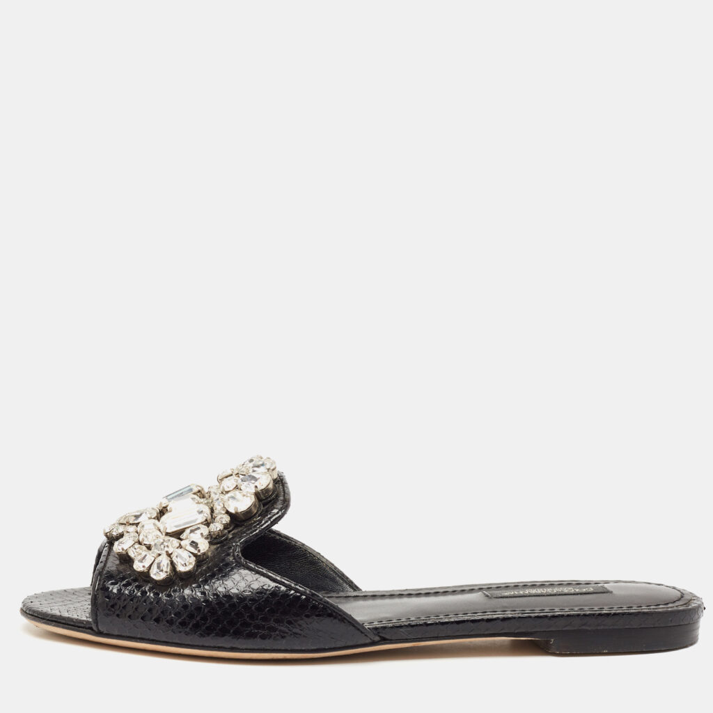 Dolce & Gabbana Black Snakeskin Bianca Crystals Slide Flats Size 37.5 Dolce & Gabbana Black Snakeskin Bianca Crystals Slide Flats Size 37.5