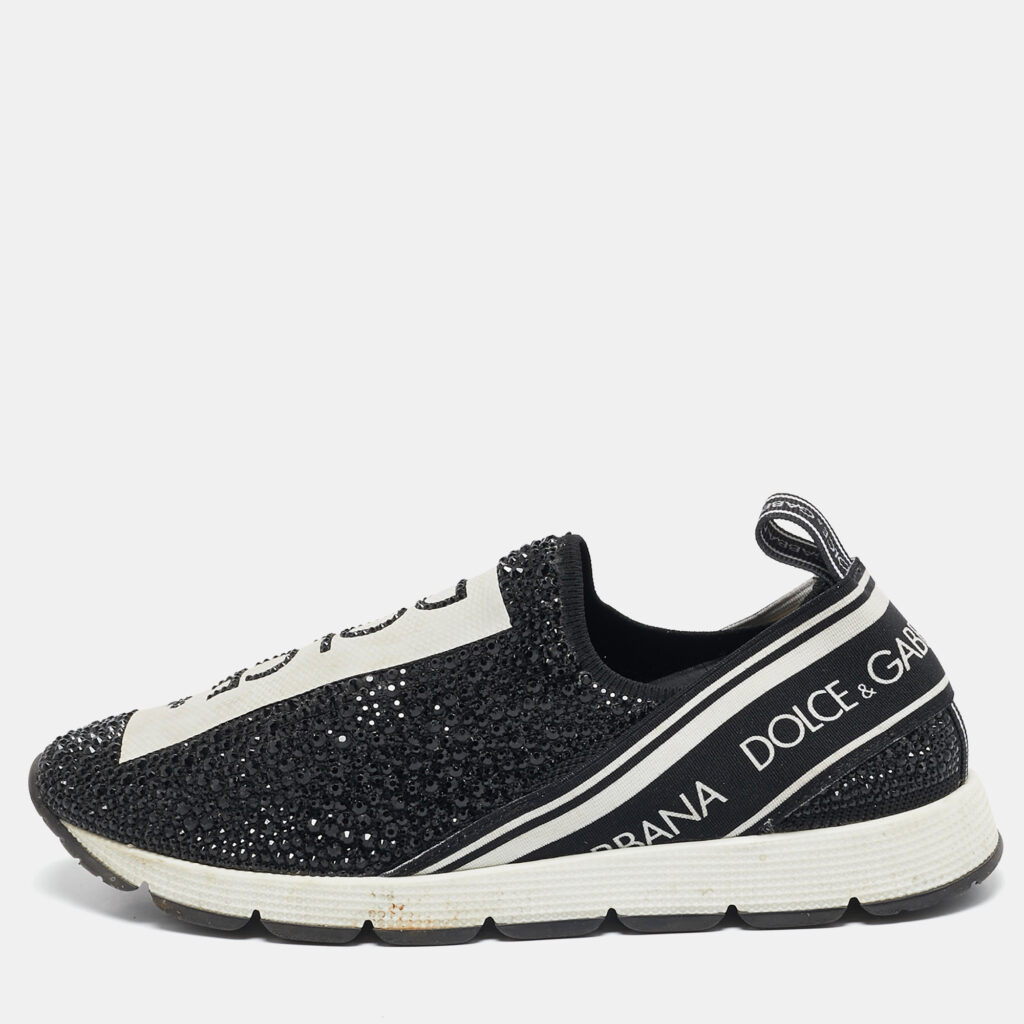 Dolce & Gabbana Black Crystals and Fabric Sorrento Slip On Sneakers Size 35