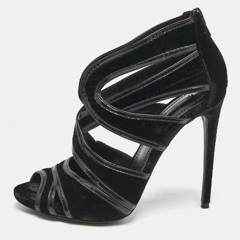 Dolce & Gabbana Black Leather and Velvet Cut Out Peep Toe Sandals Size 40