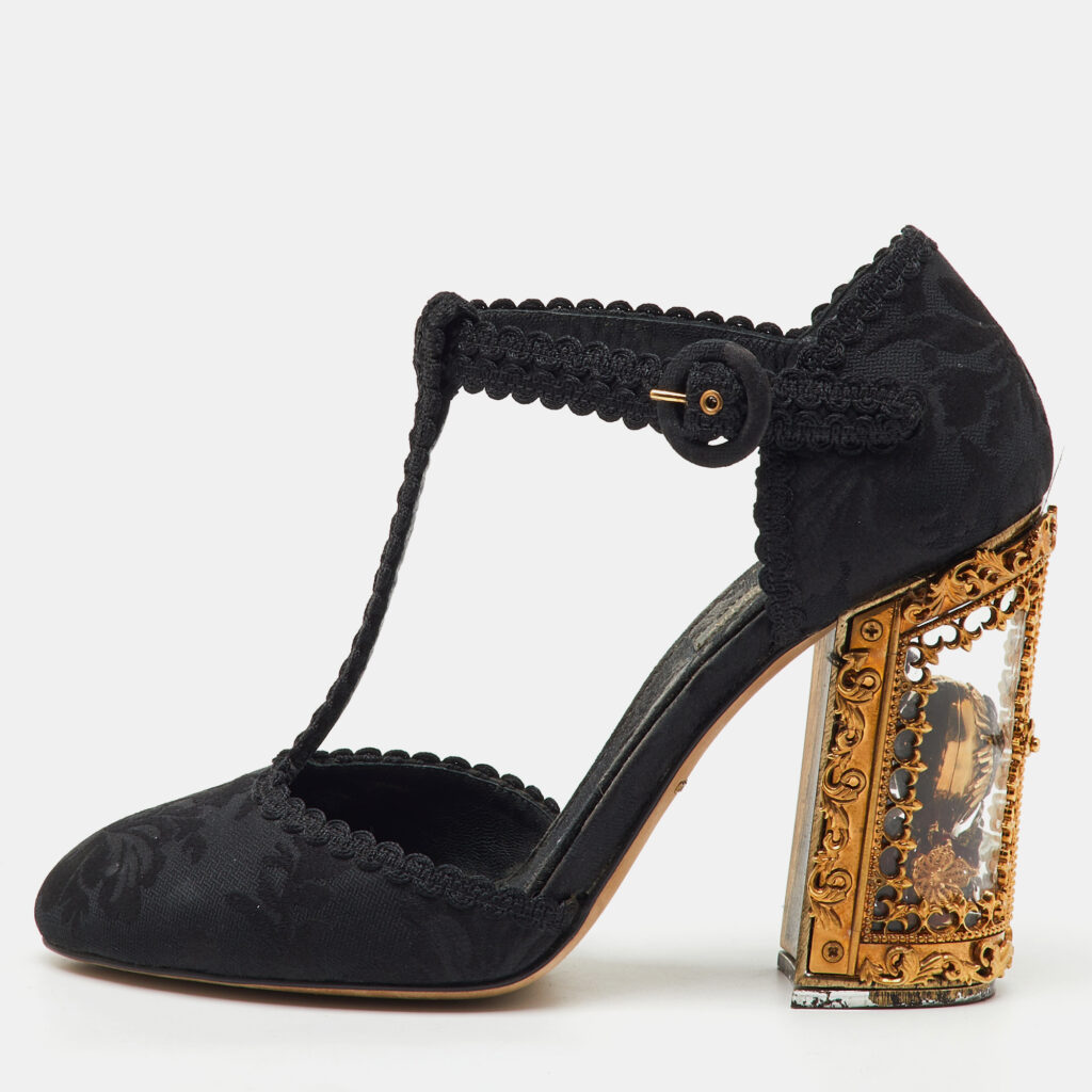 Dolce & Gabbana Black Brocade Fabric Sacred Heart T-Strap Pumps Size 37 Dolce & Gabbana Black Brocade Fabric Sacred Heart T-Strap Pumps Size 37