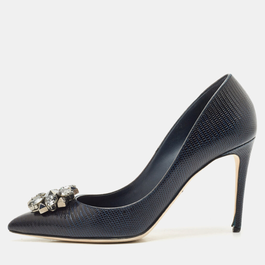 Dolce & Gabbana Navy Blue Lizard Embossed Leather Bellucci Crystal Embellished Pumps Size 40