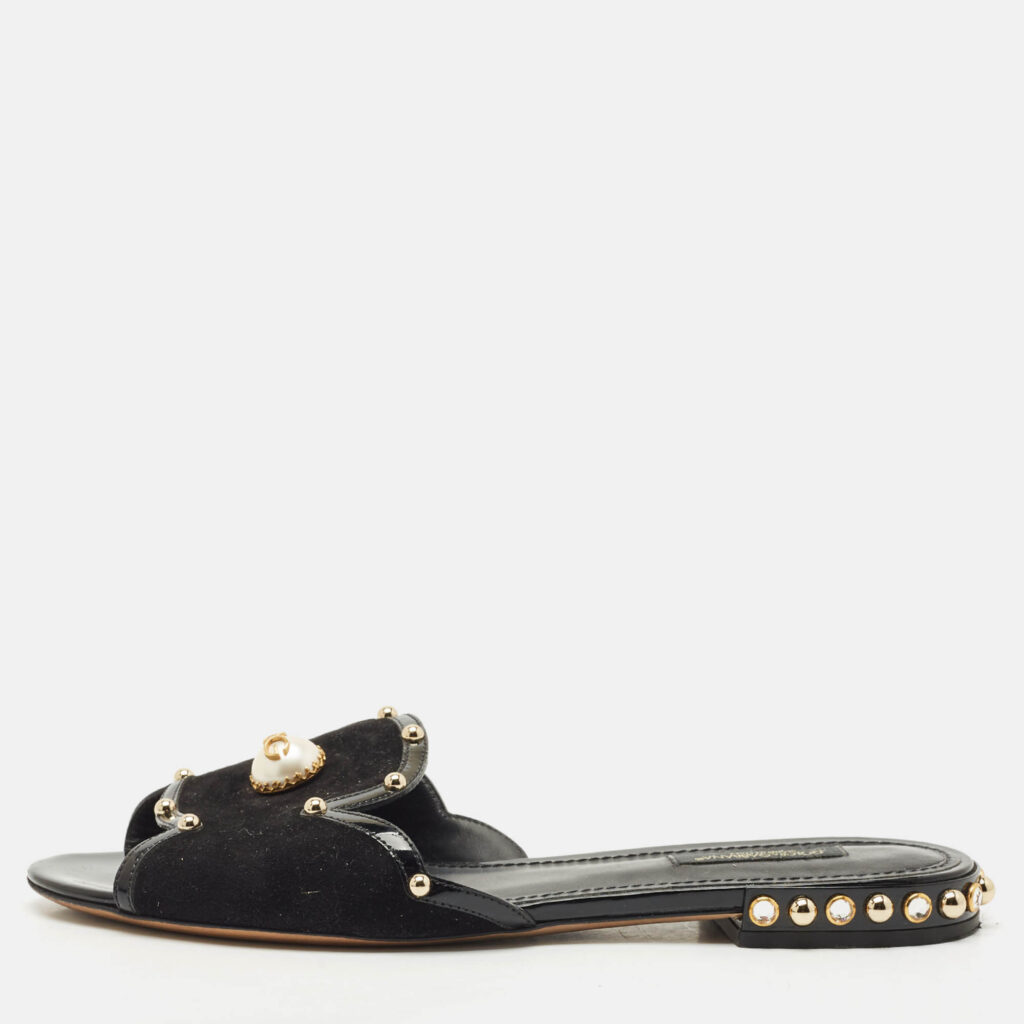 Dolce & Gabbana Black Suede DG Pearl Studded Flat Slide Sandals Size 38 Dolce & Gabbana Black Suede DG Pearl Studded Flat Slide Sandals Size 38