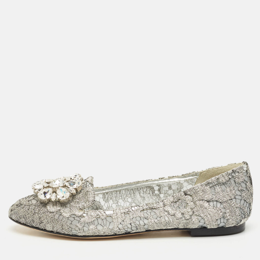 Dolce & Gabbana Silver Lace Crystal Embellished Taormina Ballet Flats Size 37 Dolce & Gabbana Silver Lace Crystal Embellished Taormina Ballet Flats Size 37
