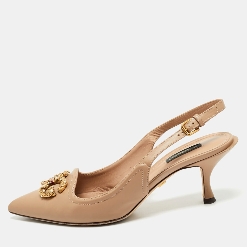 Dolce & Gabbana Beige Leather DG Amore Logo Embellished Slingback Sandals Size 39.5 Dolce & Gabbana Beige Leather DG Amore Logo Embellished Slingback Sandals Size 39.5